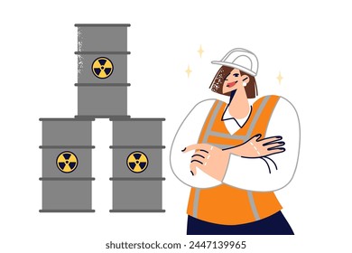 Woman stands near barrels of radioactive waste, calling for proper handling of toxic substances. Girl employee of enterprise crossed arms next to containers for storing radioactive things