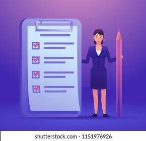 Woman stands near big clipboard, to do list. Successful time management, planning. Colorful design vector illustration