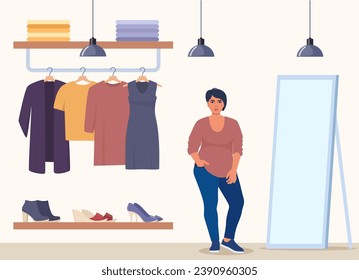 Woman stands near clothes rack and mirror, chooses clothes in fashion boutique. Assortment showroom, clothing store. Clothes shop interior. Dress, tunic, blouse on hangers. Vector illustration