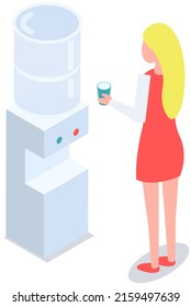 Woman stands near cooler for water cooling and heating. Equipment for serving hot and cold drinks. Office worker drinking water from modern device. Female employee and cooler vector illustration