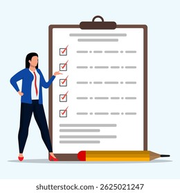 A woman stands near document with to do plan and planning schedule. Plan fulfilled, task completed, timetable sheet. Checklist completed with icon of pencil. 