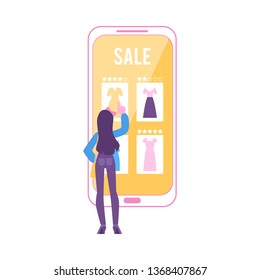 Woman stands near huge smartphone pointing to dress icon flat cartoon style, vector illustration isolated on white background. Sale in online female clothing store, mobile shopping concept