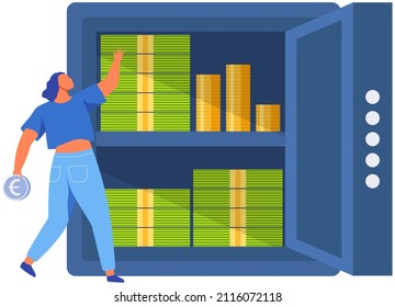 Woman stands near metal bank safe with finance. Secure storage with money stacks. Work in banking, accumulation of money concept. Girl folds dollar bills and pennies in vault vector illustration