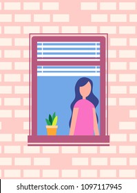 Woman Stands Near Open Window, Flower Pot On Windowsill, Girl Neighbour Inside Framework In Brick Wall, Faceless Character Design Vector Illustration.