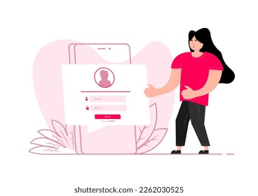 A woman stands near the smartphone, on the screen Login page. User profile, access to account concept.