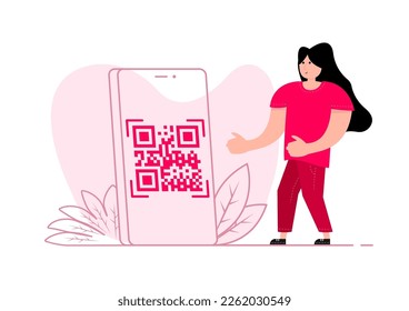 A woman stands near the smartphone, on the screen QR code with scan me icon