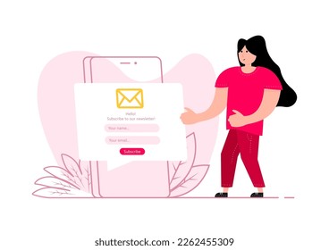 A woman stands near the smartphone, on the screen Subscription to newsletter, Email Marketing
