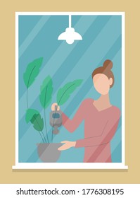Woman stands near the window and waters houseplant. View from the outside of the house. Flat design. Vector illustration.