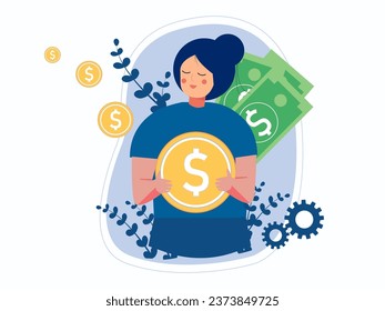 Woman stands with a new income, received a salary. Concept of salary payment, salary increase, rise, businessman, financial growth. Vector illustration.