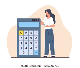 Mujer junto a calculadora. Dispositivo electrónico para el recuento. Presentación financiera, auditoría o servicio de contabilidad profesional, cálculo de gastos. Concepto de vector aislado plano de dibujos animados