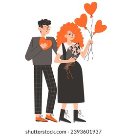 A woman stands next to a man and holds red balls in the shape of hearts for Valentine's Day
