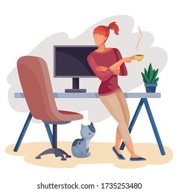 a woman stands next to the steel on which the monitor stands, next to it stands a work chair and a cat sits on the floor, rest, freelance, isolated object on a white background, vector illustration,