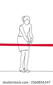 woman stands in office clothes and cuts the red ribbon stretched out in front of her with scissors - one line art vector. concept of the grand opening of a new building, metaphor for achieving public