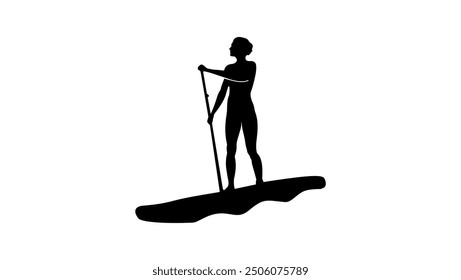 Una mujer se para en un barco, silueta mientras que paddleboarding, silueta aislada negra