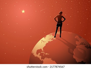 Woman stands on globe looking at the vast universe, determination, inspiration, global network concept