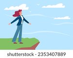 Woman stands on hilltop and breathes in fresh air and feels happy. Breathe meditation. Harmony lifestyle. Mental health. Calm character. Cartoon flat style isolated vector concept