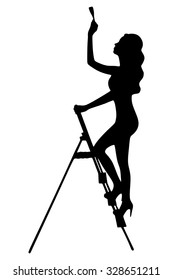 Woman stands on a ladder to paint her walls