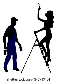 Woman stands on a ladder to paint her walls and handyman - painter