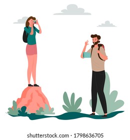 A woman stands on a large rock and photographs a man. Forest road, hiking, hike, tourism. Local tourism. Travelers hiking adventure, orienteering outdoor vector