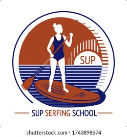 A woman stands up on a paddle board in the sea at sunset or sunrise. Vector illustration, isolated silhouette. SUP surf school, paddleboarding sign logo.