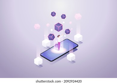 Mujer en pie en smartphone y experiencias de la tecnología Blockchain. Cryptocurrency del concepto de tecnología futura ilustración vectorial isométrica.