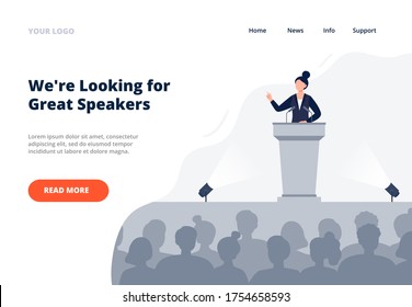 A woman stands on the tribune and speaks to an audience. Politics, debates, or international press conference concept. Public speaking landing page template. Flat vector illustration.