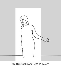 woman stands in the open doorway - one line drawing vector. concept guest, enter without permission