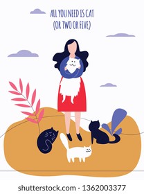 Woman stands outdoor holding kitty surrounded by cats flat cartoon style, vector illustration isolated on white background. Animal themed poster design with girl hugging pet