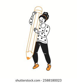 Woman stands with oversized pencil in hands color linear icon. Brunette female shows passion for creative work characters doodle illustration