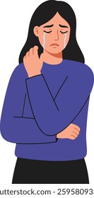 A woman stands with a pained expression, tears rolling down her cheeks, reflecting a mood of sorrow and vulnerability in this minimal vector art.