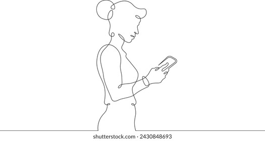 A woman stands with a phone in her hand. A man is talking on a smartphone.One continuous line . Line art. Minimal single line.White background. One line drawing.