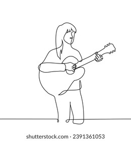 woman stands playing guitar - one line art vector. concept guitarist with classical guitar, learning to play guitar