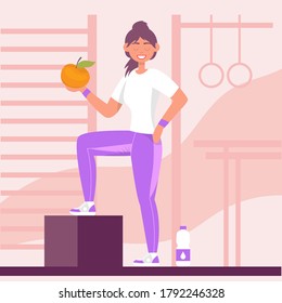 Woman stands in a pose of balance. Playing sports.