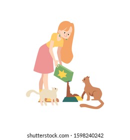 Woman stands pouring cat food from box to bowl to feed her pets cartoon style, vector illustration isolated on white background. Cat lady and eating time for her kittens