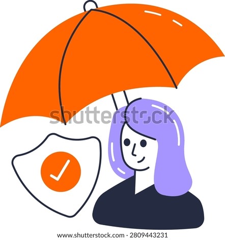 A woman stands protected under a large umbrella beside a shield icon with a checkmark. This depicts employee benefits and job security within human resources recruitment.