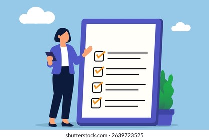 woman stands proudly beside a large checklist, symbolizing effective planning and successful task management.	