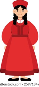 A woman stands proudly in a bright red traditional dress and matching headpiece, embodying cultural pride and joy in a minimalistic design.