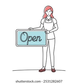 Mulher fica orgulhosamente na frente de seu negócio, segurando um sinal aberto para acolher clientes linha contínua arte plana vetor ilustração fundo branco