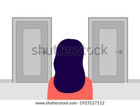 Woman stands in rear view of closed doors and has choice. Alternative doorway. Choice concept. Vector illustration