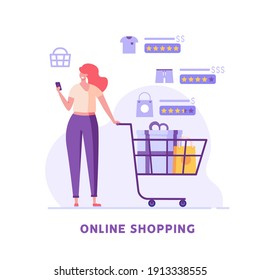 Mujer parada con carrito de compras y busca un producto en una tienda online. Concepto de compras en línea, gran elección, comercio en internet, clasificación de productos, mercado. Ilustración vectorial en diseño plano