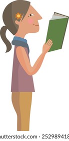 A woman stands in a side profile, holding and reading a book. She has a gentle smile, expressing joy, as if she has just found the answer she was looking for.