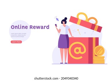 Una mujer se pone de pie con un smartphone y envía o recibe un regalo en línea. Concepto de regalo en línea, programa de recompensa, compra de regalos en línea. Ilustración vectorial en diseño plano para banner web, ui.