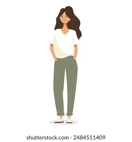 A woman stands and smiles, a simple illustration of a person, a flat image, isolated on a white background, one person