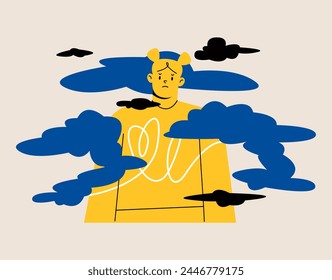 Woman stands in smoke. Concept environmental problems caused by forest fires. Colorful vector illustration
