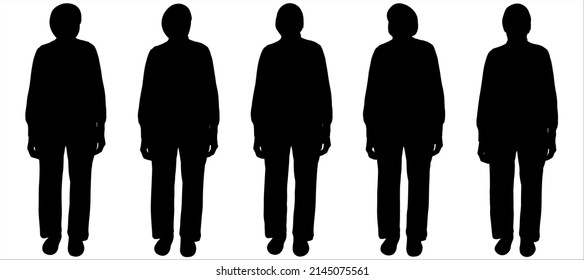 The woman stands straight without moving. Front view. Pensioner in trousers and blouse. An older woman stands and looks up, down, and forward. Black women silhouettes are isolated on white background