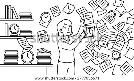 A woman stands surrounded by floating papers and clocks, carefully arranging them in a workspace environment