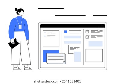 Mulher fica com um tablet perto de uma tela grande exibindo gráficos de dados. Ideal para tecnologia, apresentações de negócios, análise de dados, ferramentas digitais e local de trabalho moderno. Limpo, minimalista, contemporâneo