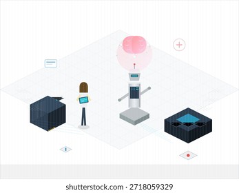 Una mujer se para en un área de tecnología, usando un dispositivo para involucrarse con un robot. La escena se desarrolla en un espacio de trabajo elegante y moderno con Elementos digitales a su alrededor.
