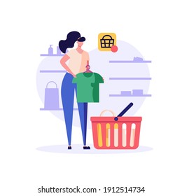 Woman stands with a T-shirt and shopping cart, makes choice. Concept of online shopping, big choice, clothing store, internet trade, clothing business, fashion. Vector illustration in flat design
