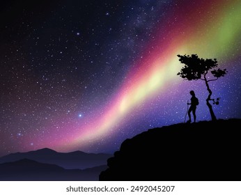 Woman stands under tree on mountain top. Colorful aurora in starry sky